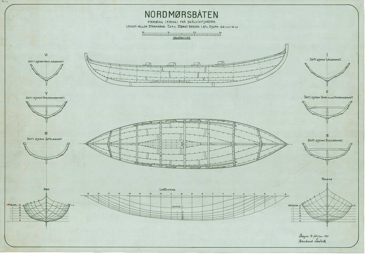 Nordmørsbåten. Firrøing frå Skålvikfjorden. Teikning av skrog, snitt og linje.
Målestokk 1:20