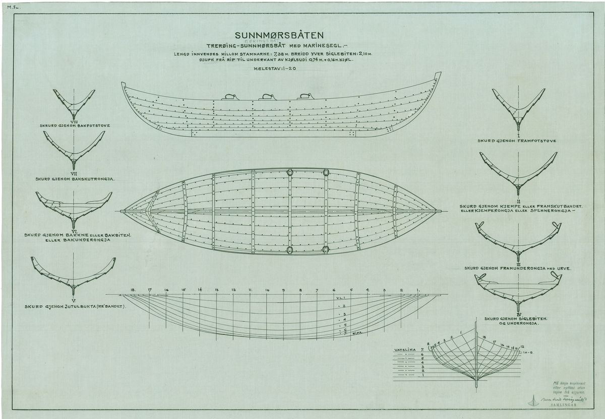 Sunnmørsbåten, trerøing. Teikning av skrog, skurd og linje.
Målestokk 1:20