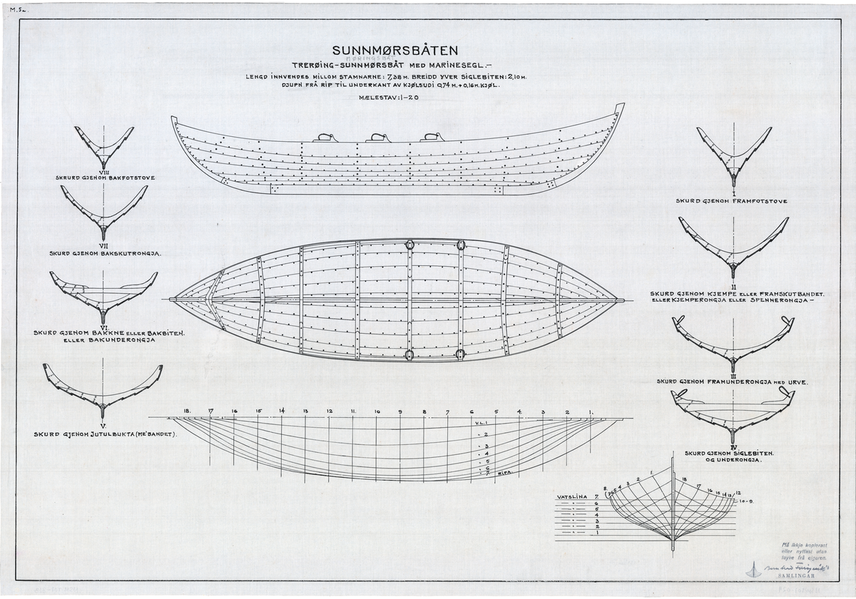 Sunnmørsbåten, trerøing. Teikning av skrog, skurd og linje.
Målestokk 1:20