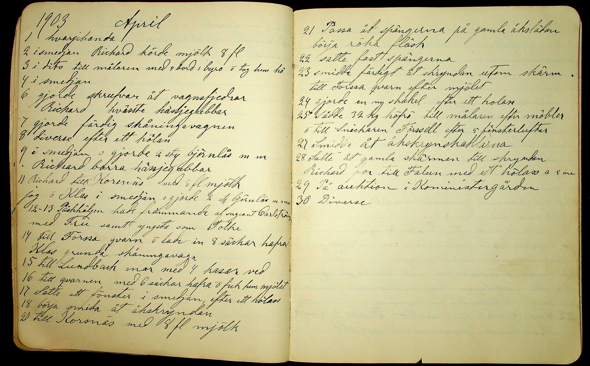 Dagbok åren 1903-19/1 1911 efter hemmansägaren Sigge Johan Gustaf Eriksson i Översätra, Stora Skedvi socken.