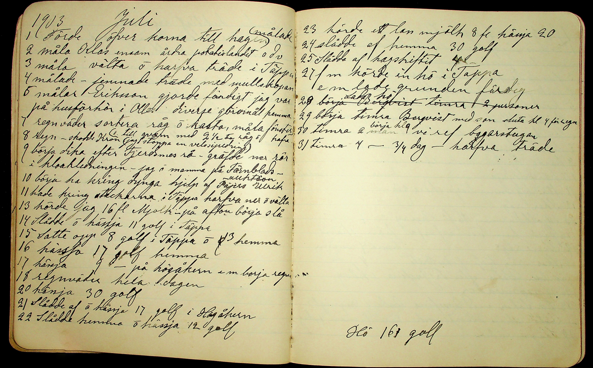Dagbok åren 1903-19/1 1911 efter hemmansägaren Sigge Johan Gustaf Eriksson i Översätra, Stora Skedvi socken.