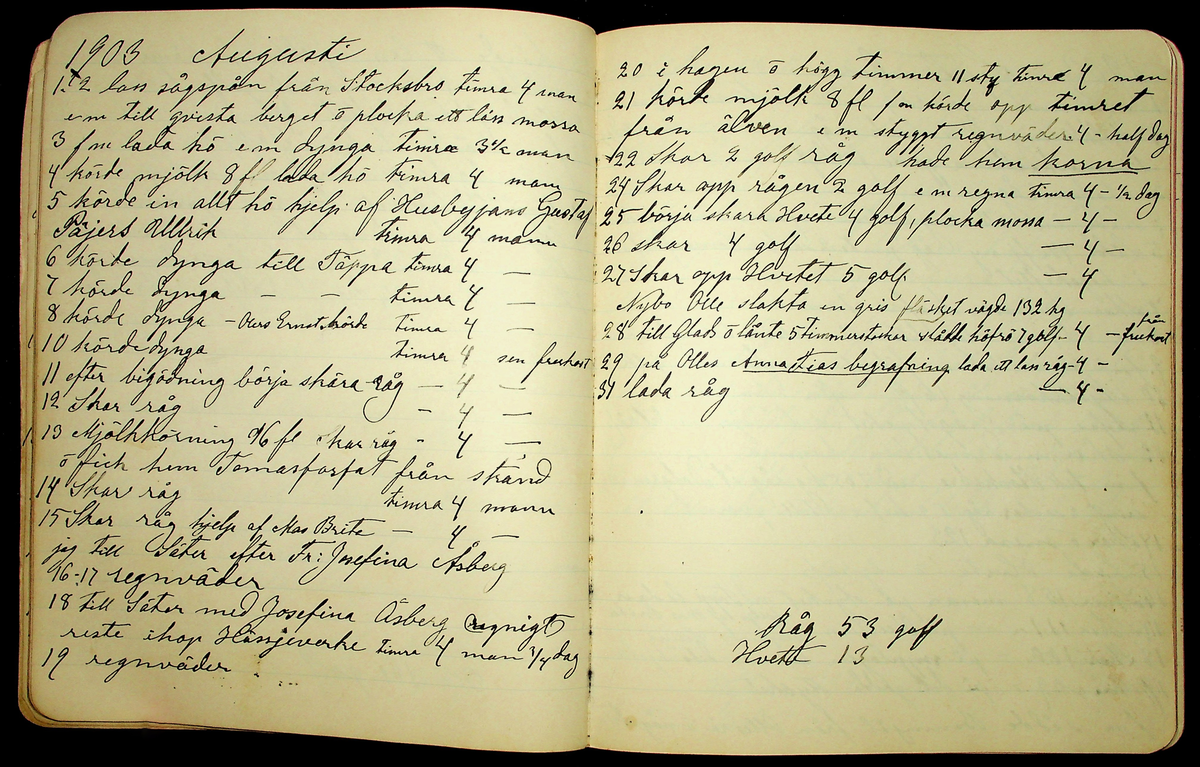 Dagbok åren 1903-19/1 1911 efter hemmansägaren Sigge Johan Gustaf Eriksson i Översätra, Stora Skedvi socken.