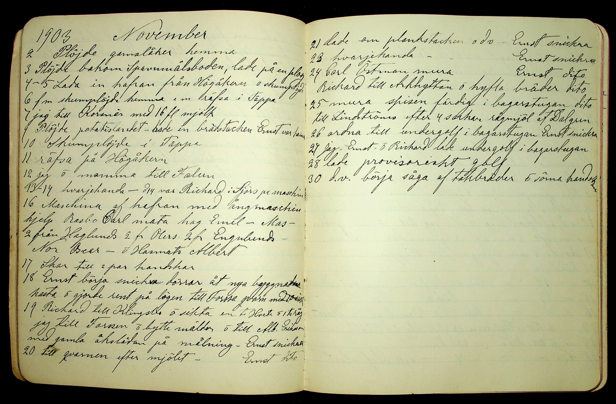 Dagbok åren 1903-19/1 1911 efter hemmansägaren Sigge Johan Gustaf Eriksson i Översätra, Stora Skedvi socken.