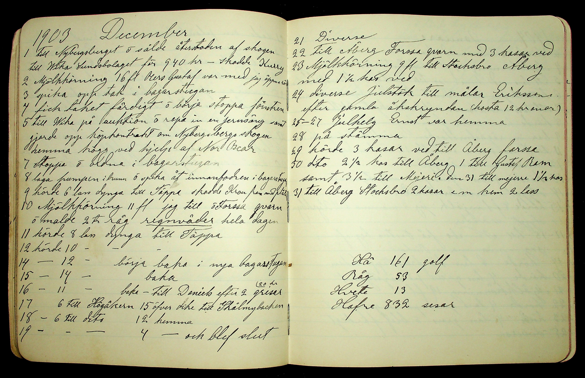 Dagbok åren 1903-19/1 1911 efter hemmansägaren Sigge Johan Gustaf Eriksson i Översätra, Stora Skedvi socken.