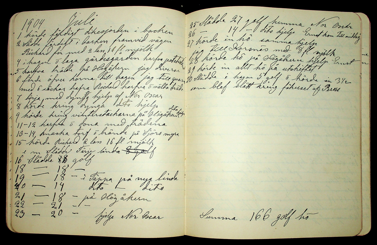 Dagbok åren 1903-19/1 1911 efter hemmansägaren Sigge Johan Gustaf Eriksson i Översätra, Stora Skedvi socken.