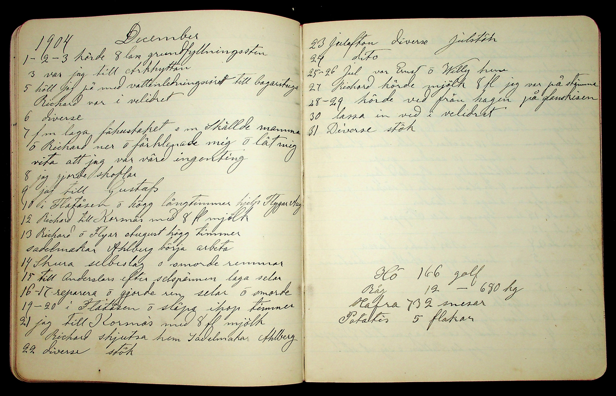 Dagbok åren 1903-19/1 1911 efter hemmansägaren Sigge Johan Gustaf Eriksson i Översätra, Stora Skedvi socken.