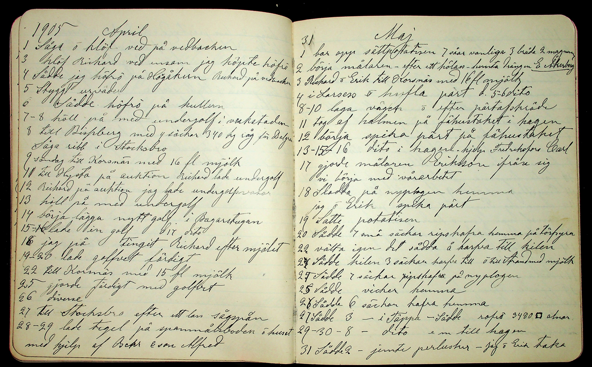 Dagbok åren 1903-19/1 1911 efter hemmansägaren Sigge Johan Gustaf Eriksson i Översätra, Stora Skedvi socken.