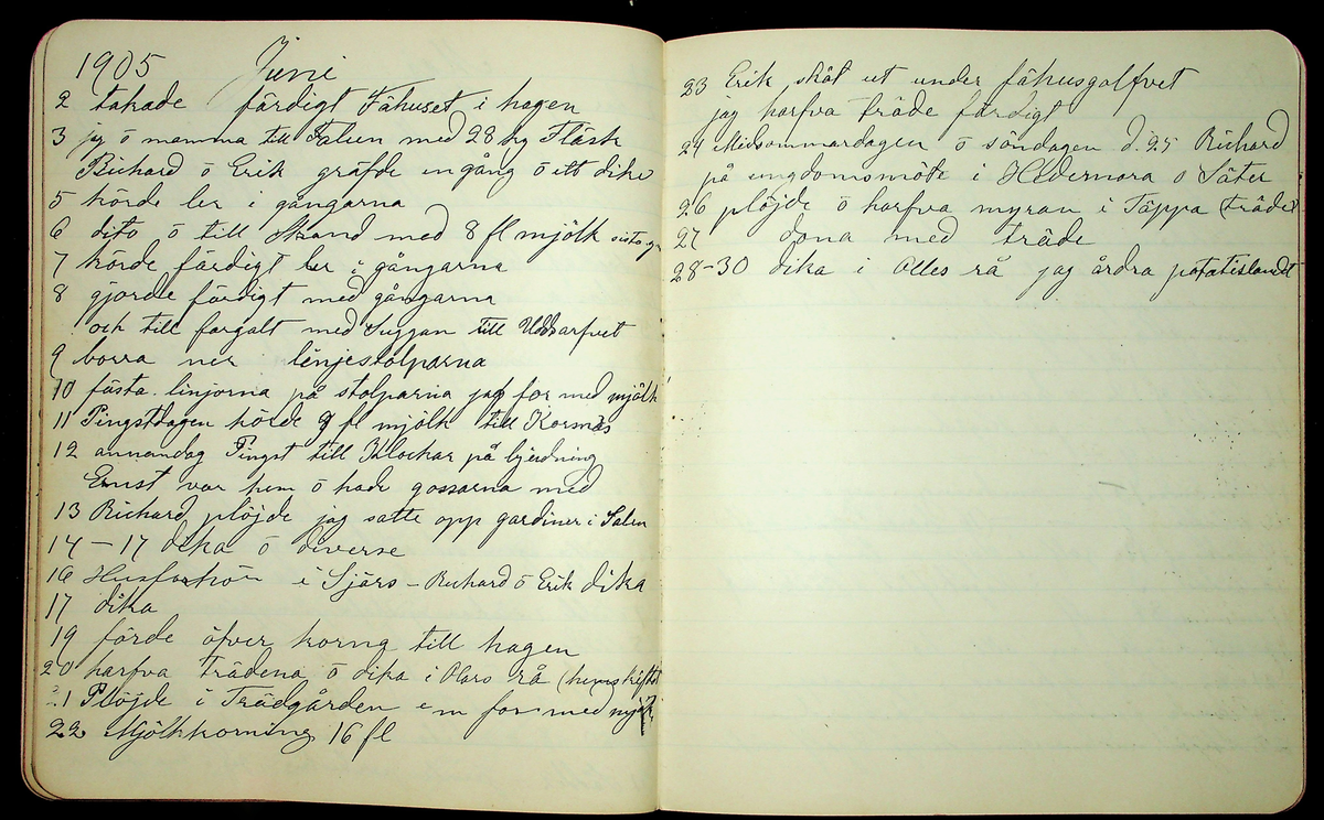 Dagbok åren 1903-19/1 1911 efter hemmansägaren Sigge Johan Gustaf Eriksson i Översätra, Stora Skedvi socken.