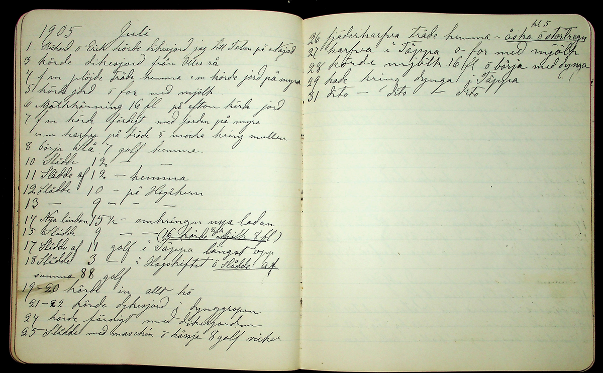 Dagbok åren 1903-19/1 1911 efter hemmansägaren Sigge Johan Gustaf Eriksson i Översätra, Stora Skedvi socken.