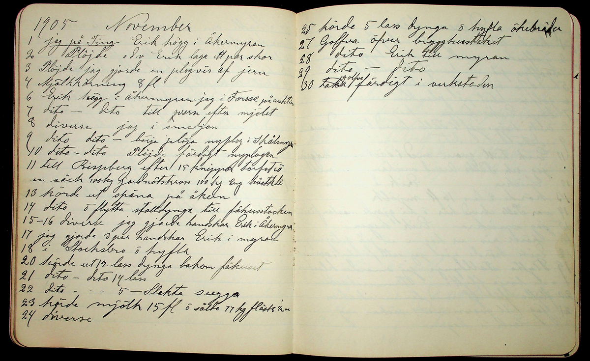 Dagbok åren 1903-19/1 1911 efter hemmansägaren Sigge Johan Gustaf Eriksson i Översätra, Stora Skedvi socken.