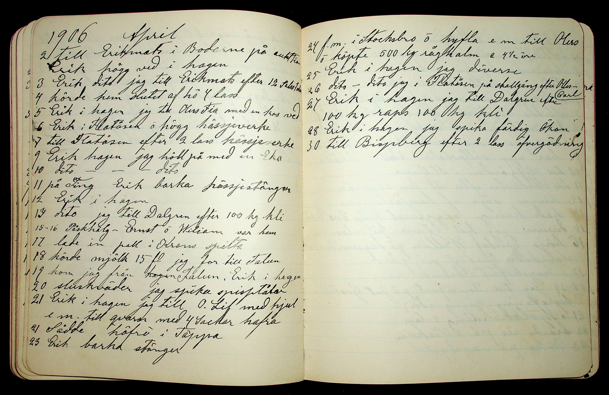 Dagbok åren 1903-19/1 1911 efter hemmansägaren Sigge Johan Gustaf Eriksson i Översätra, Stora Skedvi socken.