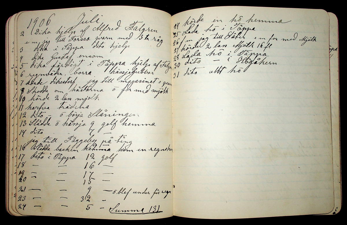 Dagbok åren 1903-19/1 1911 efter hemmansägaren Sigge Johan Gustaf Eriksson i Översätra, Stora Skedvi socken.