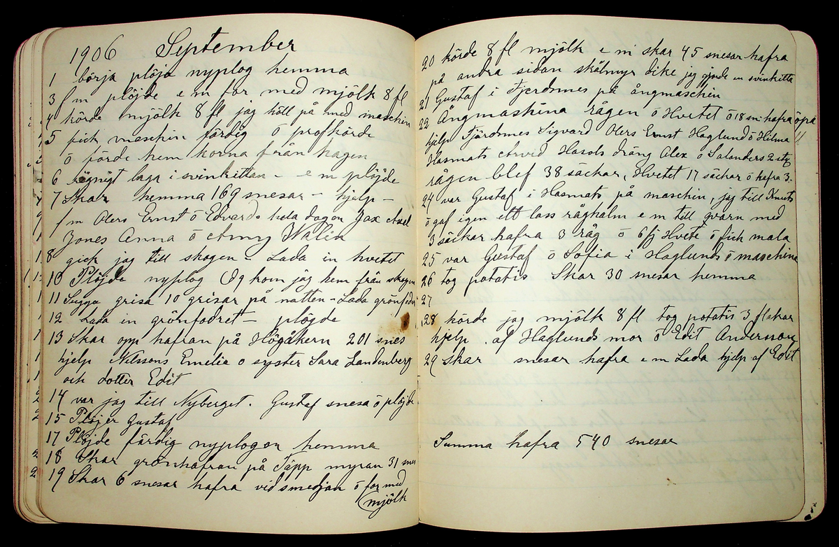 Dagbok åren 1903-19/1 1911 efter hemmansägaren Sigge Johan Gustaf Eriksson i Översätra, Stora Skedvi socken.