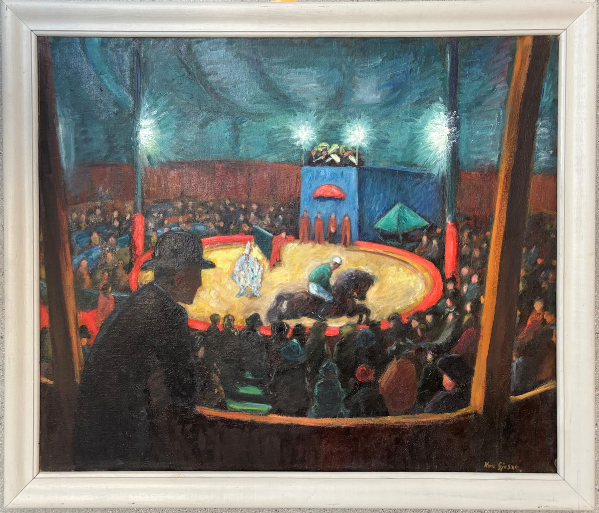 Ein sirkusmanesje sett frå ståtribuna bakerst i sirkuset. Skisse FA68 i materialet frå Fylkesarkivet er eit forarbeid til dette måleriet.