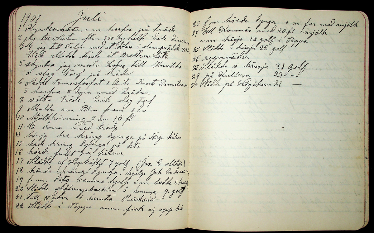 Dagbok åren 1903-19/1 1911 efter hemmansägaren Sigge Johan Gustaf Eriksson i Översätra, Stora Skedvi socken.