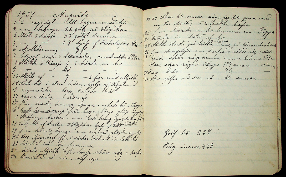 Dagbok åren 1903-19/1 1911 efter hemmansägaren Sigge Johan Gustaf Eriksson i Översätra, Stora Skedvi socken.