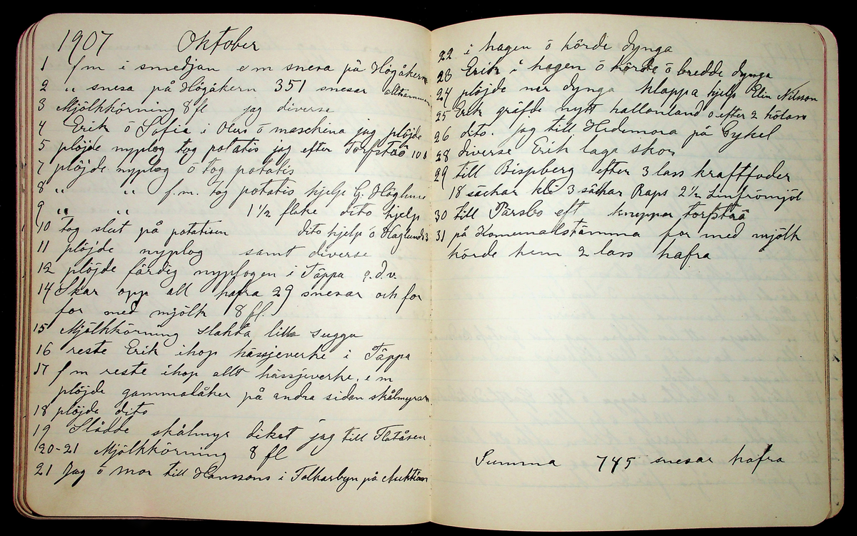 Dagbok åren 1903-19/1 1911 efter hemmansägaren Sigge Johan Gustaf Eriksson i Översätra, Stora Skedvi socken.