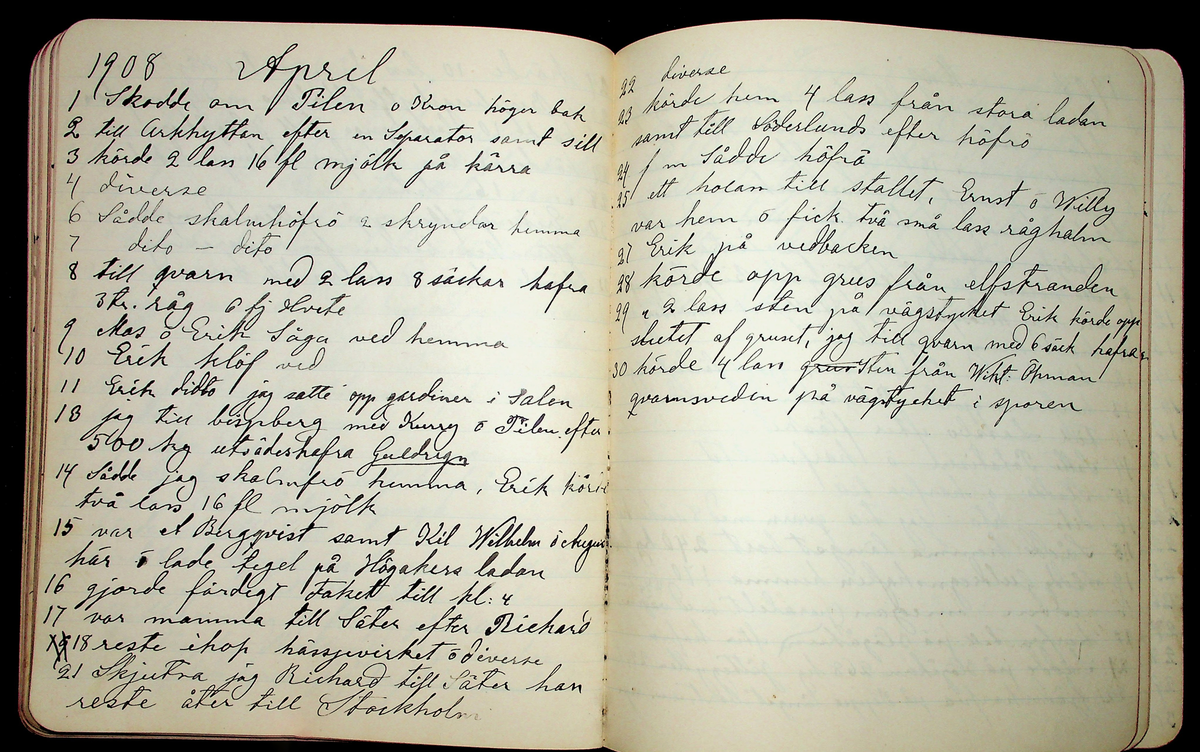 Dagbok åren 1903-19/1 1911 efter hemmansägaren Sigge Johan Gustaf Eriksson i Översätra, Stora Skedvi socken.