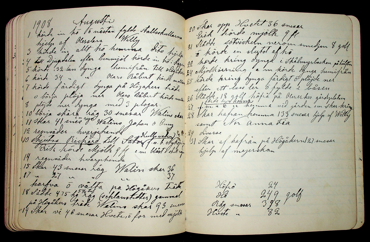 Dagbok åren 1903-19/1 1911 efter hemmansägaren Sigge Johan Gustaf Eriksson i Översätra, Stora Skedvi socken.