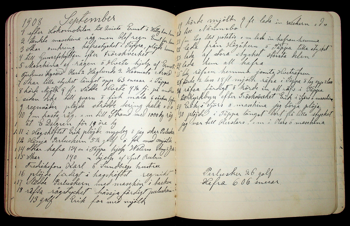 Dagbok åren 1903-19/1 1911 efter hemmansägaren Sigge Johan Gustaf Eriksson i Översätra, Stora Skedvi socken.