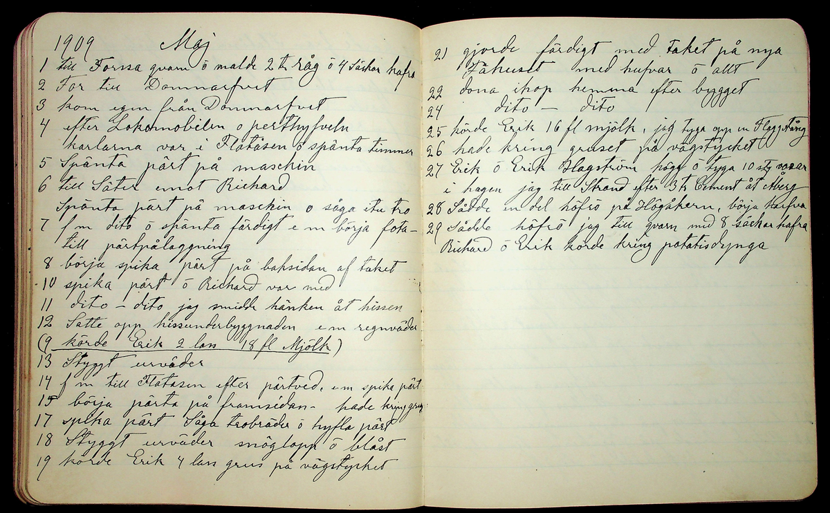 Dagbok åren 1903-19/1 1911 efter hemmansägaren Sigge Johan Gustaf Eriksson i Översätra, Stora Skedvi socken.