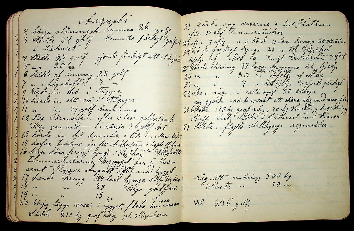 Dagbok åren 1903-19/1 1911 efter hemmansägaren Sigge Johan Gustaf Eriksson i Översätra, Stora Skedvi socken.