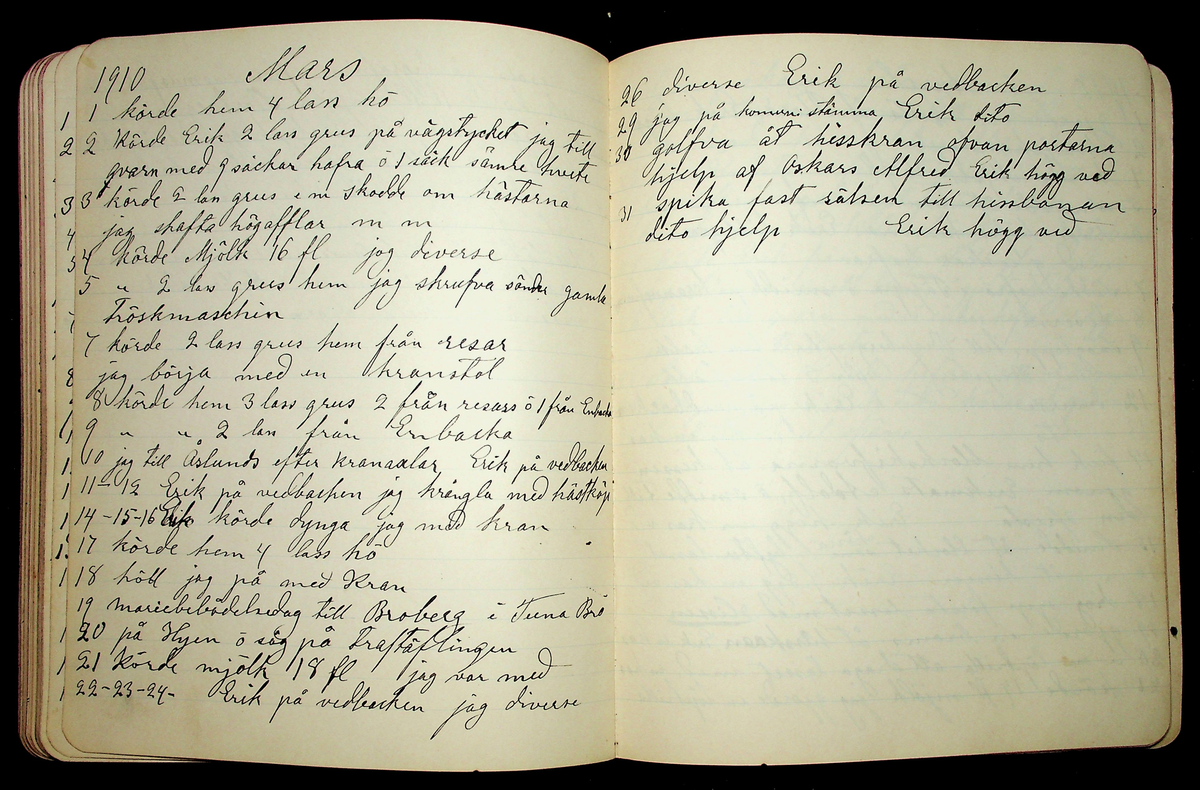 Dagbok åren 1903-19/1 1911 efter hemmansägaren Sigge Johan Gustaf Eriksson i Översätra, Stora Skedvi socken.