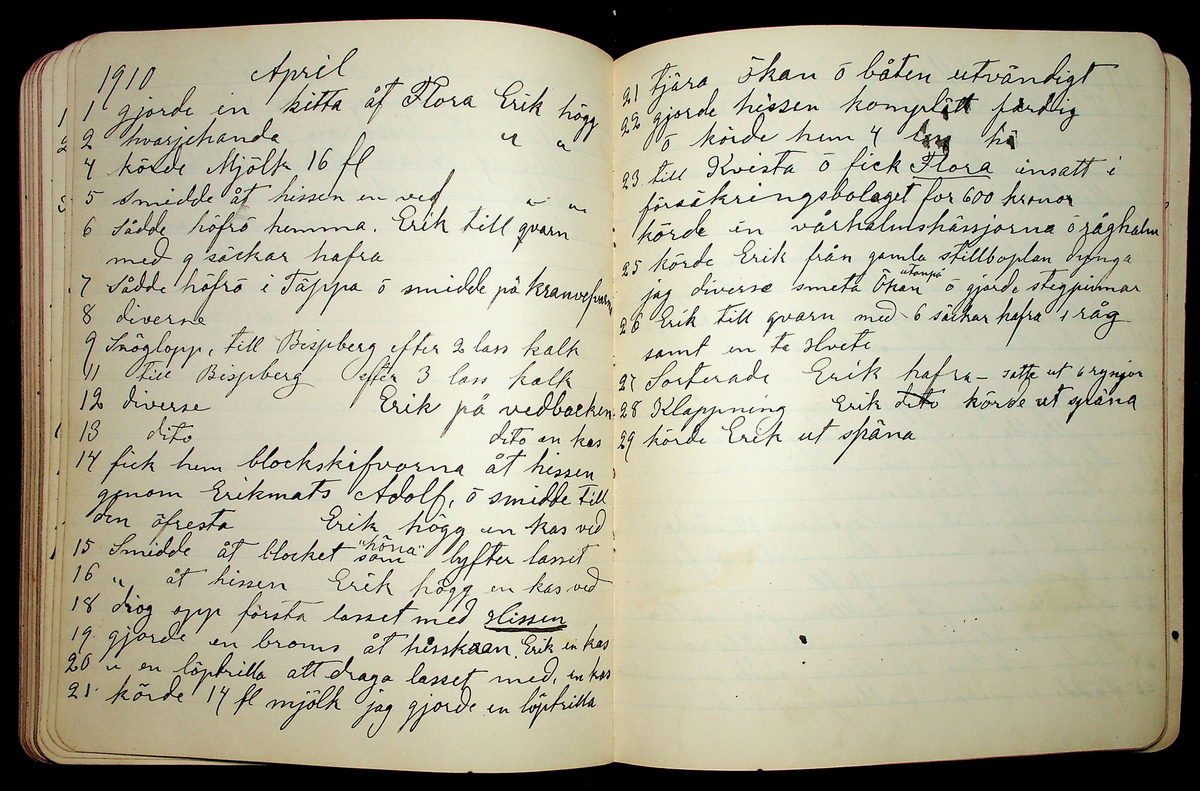 Dagbok åren 1903-19/1 1911 efter hemmansägaren Sigge Johan Gustaf Eriksson i Översätra, Stora Skedvi socken.