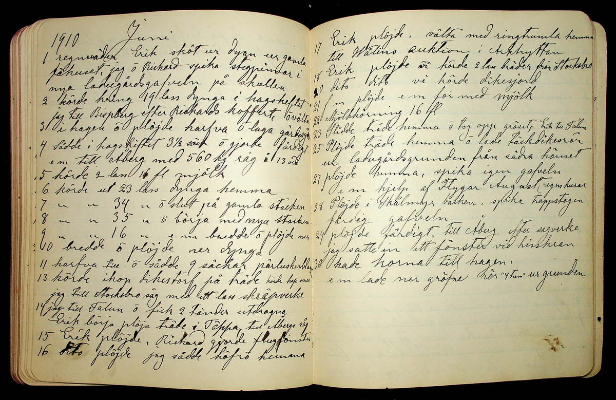 Dagbok åren 1903-19/1 1911 efter hemmansägaren Sigge Johan Gustaf Eriksson i Översätra, Stora Skedvi socken.