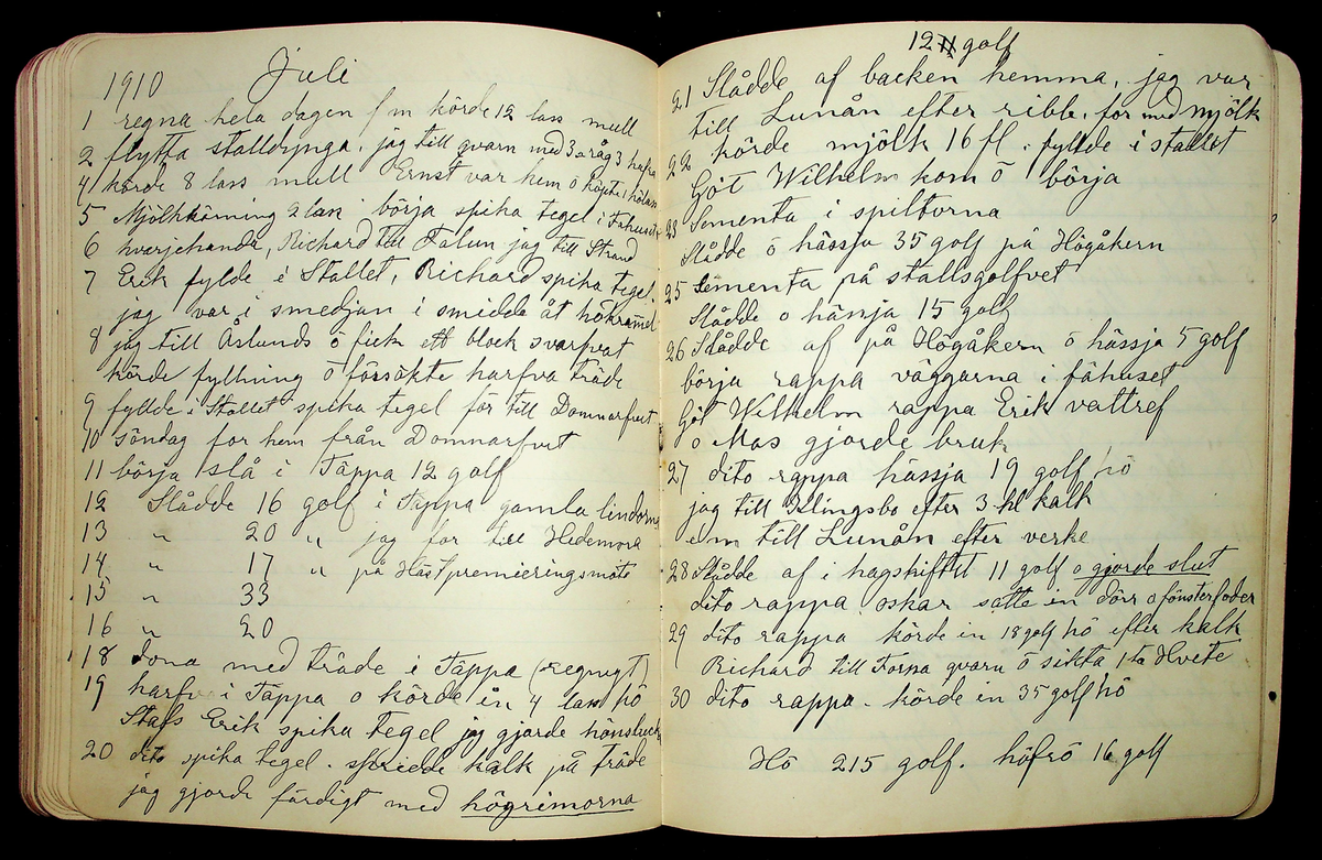 Dagbok åren 1903-19/1 1911 efter hemmansägaren Sigge Johan Gustaf Eriksson i Översätra, Stora Skedvi socken.