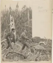 To jegere i skoglandskap [Tegning]