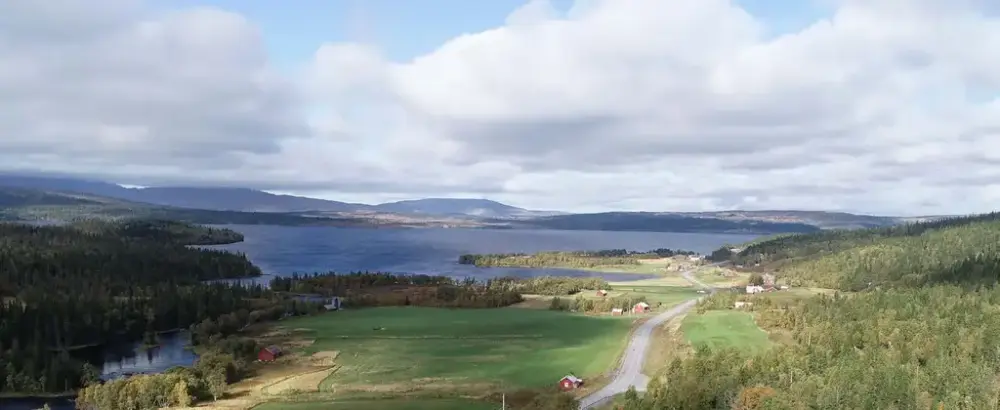 Landskap med skog, älv, berg och en bilväg.