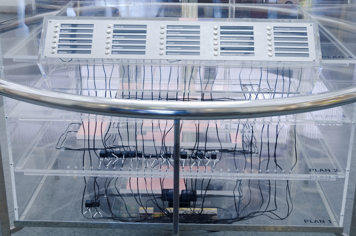 Sverigesalen i Tekniska museet. En centralt placerad 3D-karta över museet med tablå och lampor för olika utställningar skulle underlätta för besökarna att hitta.