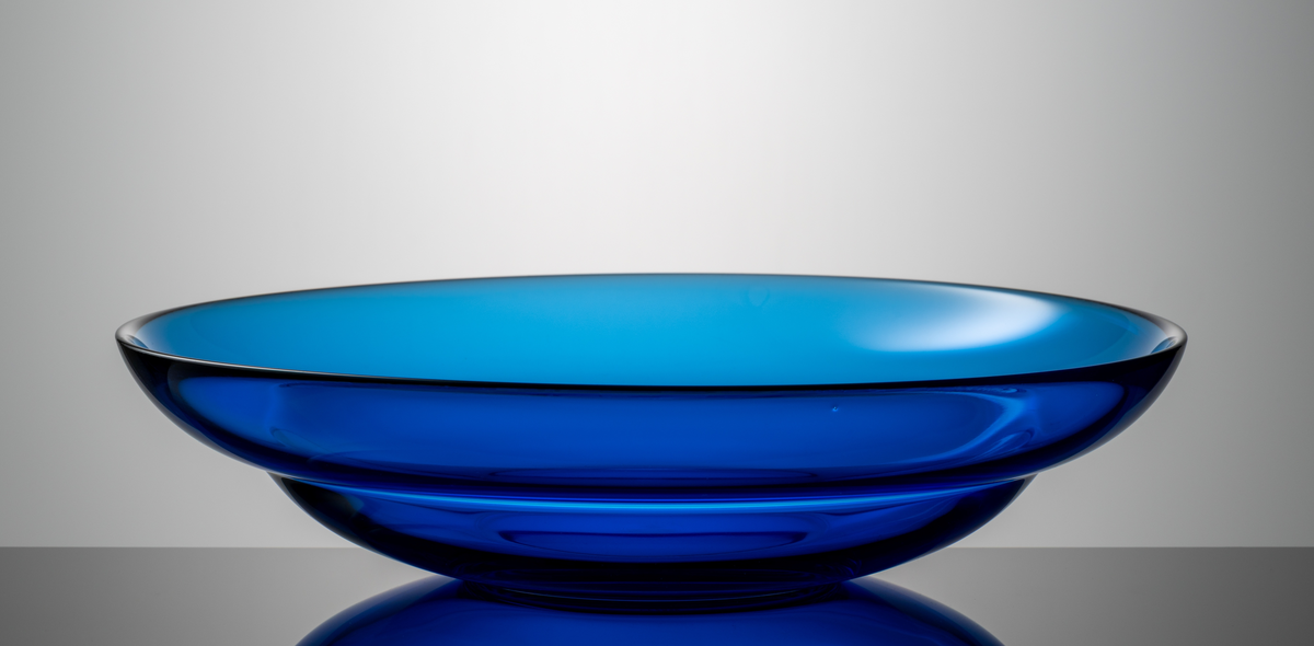 "Jupiter" Formgivare: Lars Hellsten. Fat, i blått klarglas, med en större och en mindre rund vulst.