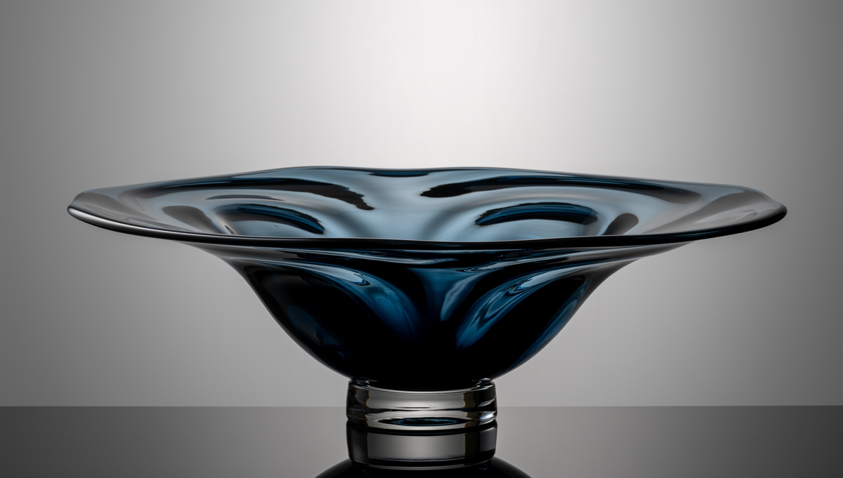 "Vattenspel" Formgivare: Lars Hellsten. Skål med optik. Klockformad med generöst utvikt brätte och något oregelbunden mynningskant. Blågrått klarglas med ofärgad låg fotklack.