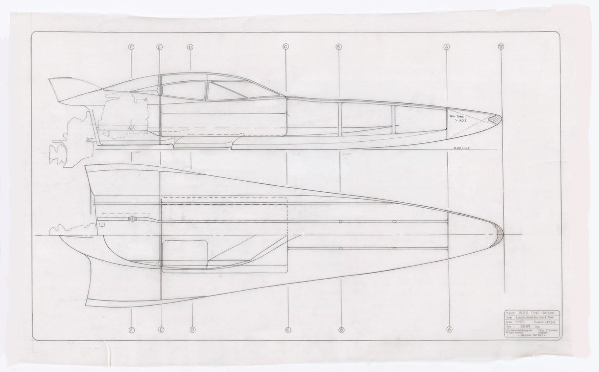 Två ritningar på longitudinal Section and Plan, longitudinell sektion och plan till B-24, ett original och en kopia med anteckningar