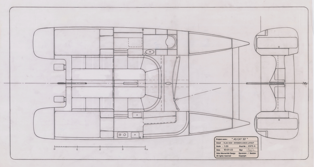 Interiör och däckarrangemang till AS CAT 30' i plan