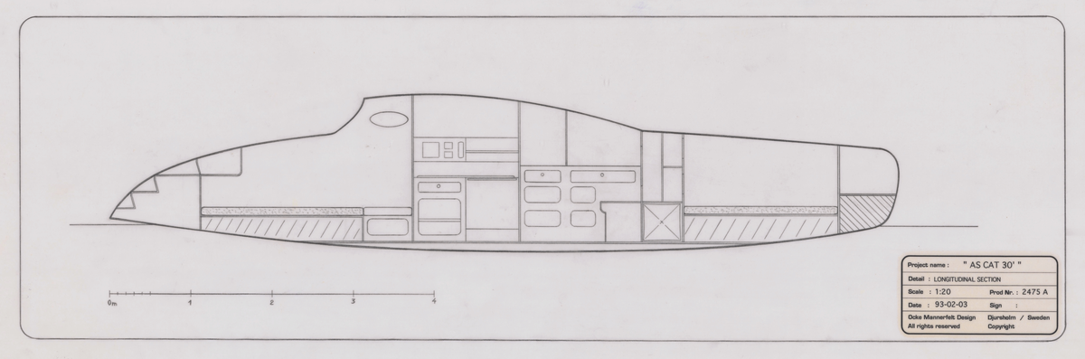 Längdgenomskärning inredning till AS CAT 30'