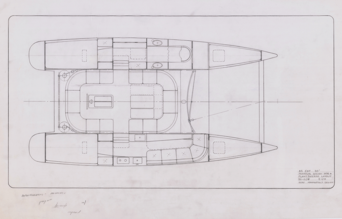 Förslag interiörarrangemang i plan till AS CAT 30'