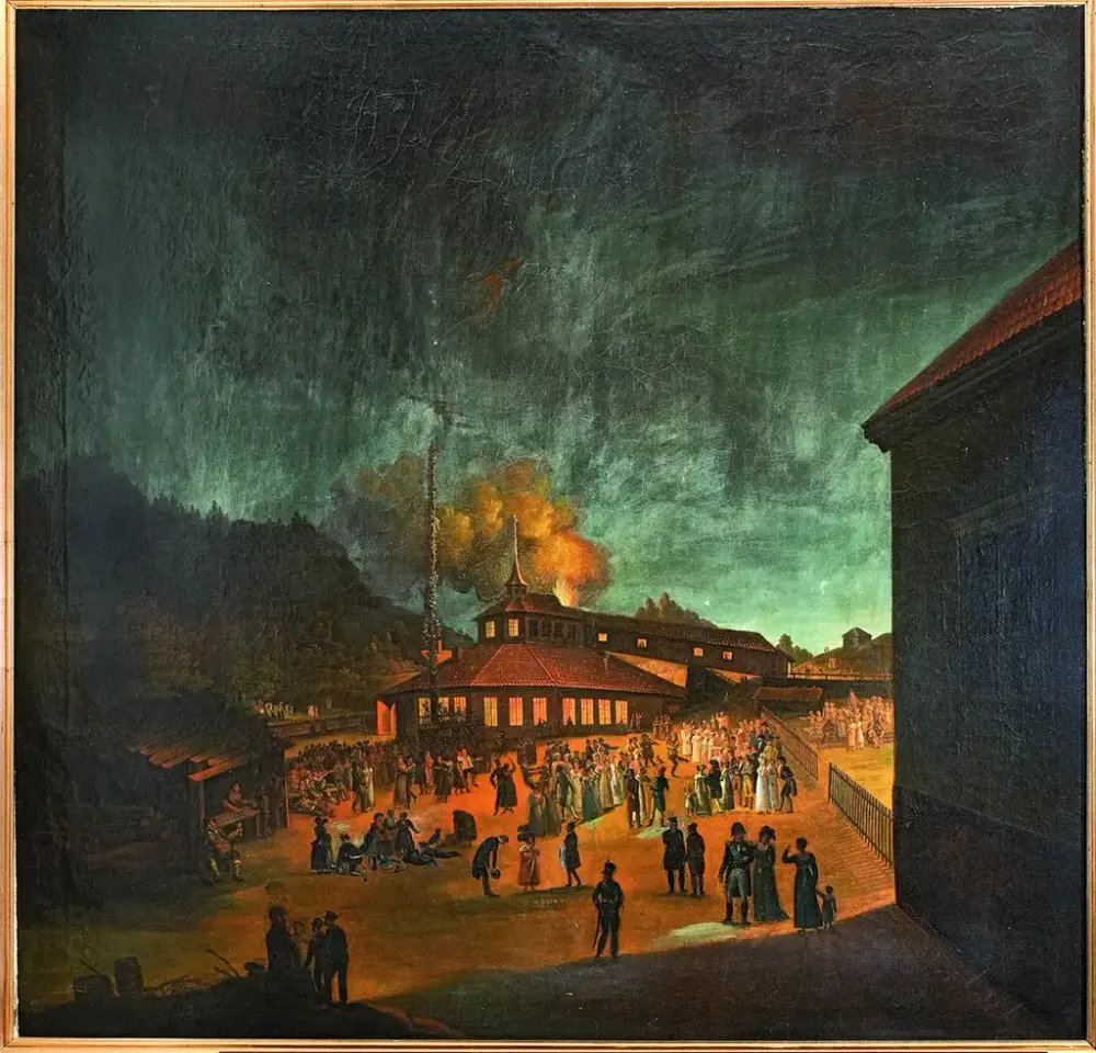 St. Hansfest på Bærums Verk, malt 1817 av Carl Fredrik Vogt. Henger i spisestuen på Bogstad Gård. I forgrunnen sees Grevinne Karen Wedel Jarlsberg med datteren komtesse Caroline, Peder Anker med baronesse Juliane Wedel Jarlsberg, og Grev Herman Wedel Jarlsberg.   