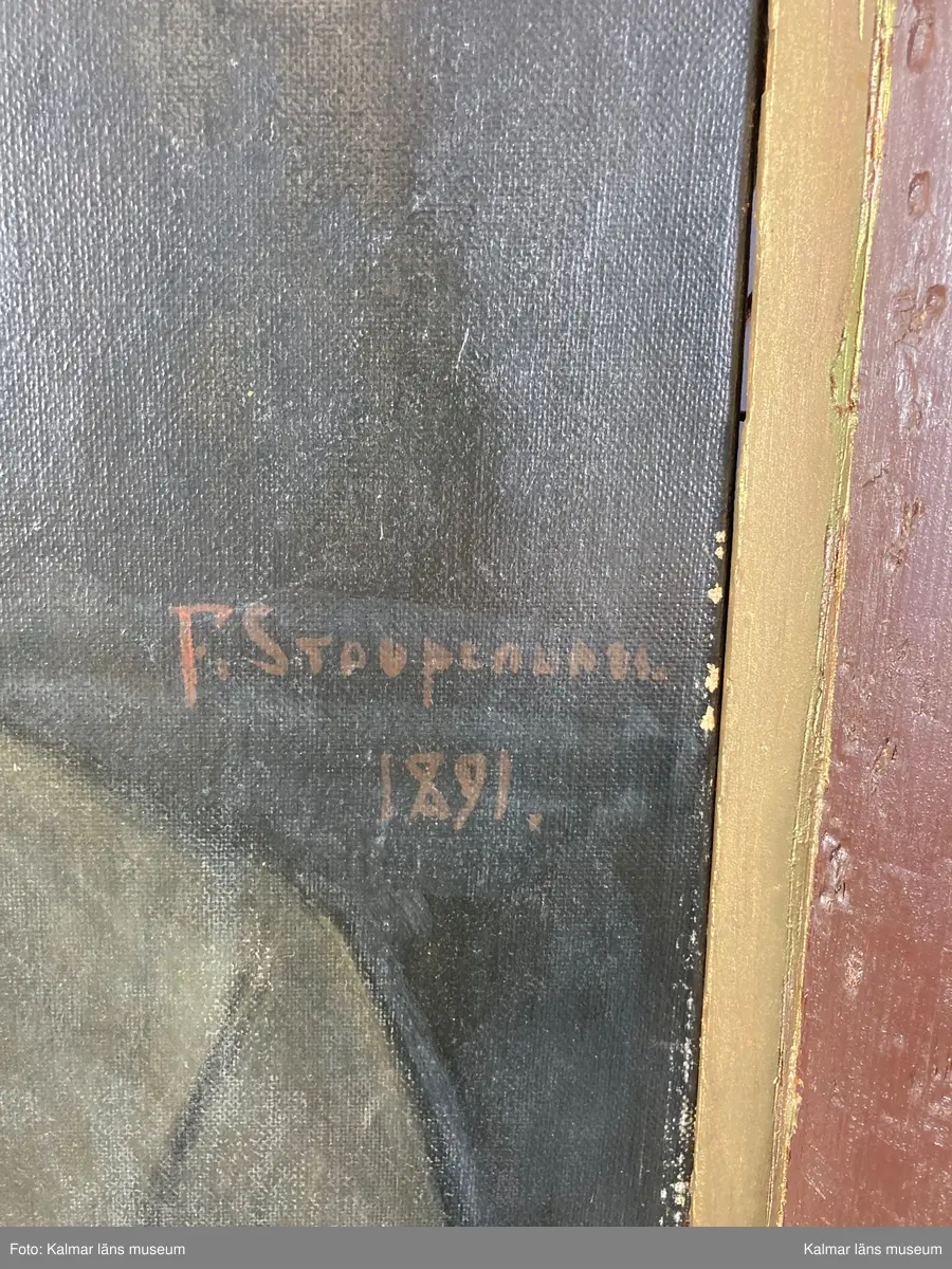 Olja på duk föreställande en kvinna med uppsatt hår, blå hätta och svarta kläder, Curt Stoopendaals farförälder.