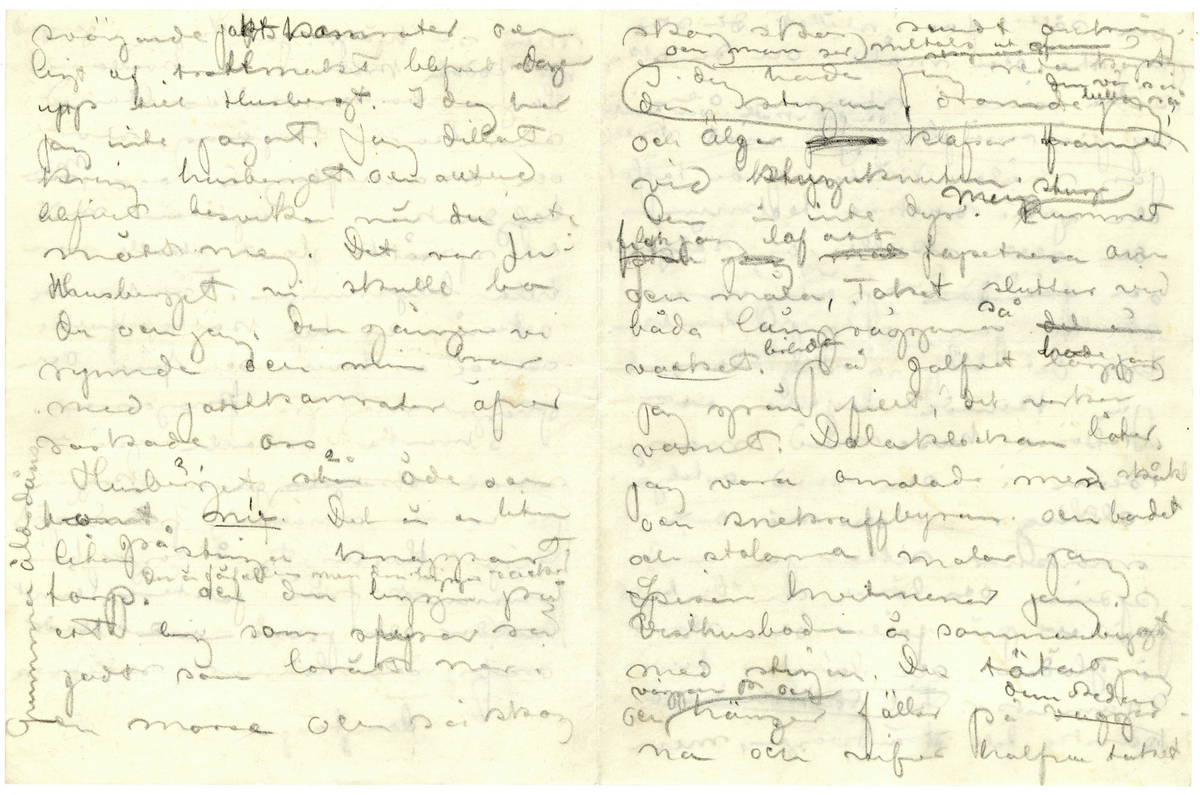 Brev utkast odaterat sannolikt från John Bauer till Ester bestående av ett löst blad och två hopvikta blad skrivet på framsidan och baksidan. Huvudsakligen handskrivet i blyerts. Tolkningen vem som skrivit och vem som är mottagare kommer från handskriften, innehållet och att Ester omnämns i brevet. Brevet är ej komplett 

.
BREVAVSKRIFT
.
[Sida 1]
De laga min måt och kakor med
kaffe och vänner hvarje kväll
mina sängkläder framfor [överstruket: spis]
elden att inte min finlemta
kropp må kylas. Heder och tack åt dem
[streck]
Snö och skog. Jagt [överstruket: med]
klingande dref med polka och [-ullgevär]
Millånga [överstruket ord] myrar och
någa skogröar [sn—g—g] skog
och gnistrande kallt [överstruket med]
[överstruket: med strålande ---] och stjärnor
som strålar om kvällarna.
Stiliga och godmodiga män-
[---?] med [öf---] små
[b—ska] titt modersmål. Glögg
grytor i hemliga hvitmenade
och oppna spisar och golf
som hålla att smälla stöfvel-
klackar i.
Ester, du [överstruket: min tös]
du förlåter mig ju. Jag erkanner
.
[Sida 2]
att jag varit dum och elak [överstruket: Det  var min
mening att alldrik och inte alls
skrifva. Fråga mej inte. Jag 
hade inget skäl.] Men ny
har jag ju brutit med mej själf.
och jag är ångerfull och du förlåter 
mej. Jag vet knappast hur en stad [inskrivet: ser ut]
Här har jag nu lefvat skogs-
människa en tid och kan-
ske nog att fortsätta en
tid. Om kvällarna är jag
trött och såfer som ett
godt barn om morgnarna
vacknar jag vid en flamman-
de och varm brasa i min
spis. och en kaffebricka med 
Julbular. Det är gamla Kristin
och den unga Sagra (Laura)
En jättelik lägårdspiga om
40 vårar) som täfla om att 
göra mitt ljuft och däjeligt
.
[Sida 3]
Men så hjälper jag Sagra i gengeld
att foddra kritena om kvällarna. 
Sagra borde målas bland
sina kor i [--?], stor
och manhaftig är hon, [skrivet ovanför: men] och
talgdanken i lyktan med
det spräkta glaset skulle vara
hela belysningen. Får har hon
också en hel kätte full
och de är hvita och fina och
gnager mej på knogarna.
3 kvarts march på en
[överstruket smal skogsstig] genom skogen
på en liten smal väg från Sörgåds
[---?] Husberget 2 [dogar?] här
forsvunnit från jakten, lämnat
hundar och [--?] [överstruket: med] vid
dref och lämnat sedemera
[bergtagen?]
.
[Sida 4]
svärgande [överskrivet ord] jaktkamrater och
ligt af trollmakt blifvit dagen
upp till Husberget. I dag har
jag inte jagat. Jag dillat
kring husberget och alltid
blifvit besviken när du inte 
mött mej. Det var Ju i
Husberget vi skulle bo 
du och jag. den gången vi 
rymde och min bror
med jaktkamrater äfven
[ra-kade] oss
Husbärget står öde och
tomt [understruket: nu] Det är en liten
liten [inskrivet: på] stuga knappast
torp. [inskrivet mellan raderna: Den är förfallen men den ligger vackert] der den ligger på
ett berg som stupar så
godt som lorätt ner i
en mosse och så skog
[skrivet på tvären i vänster marginal: G—a åldedåm]
.
[Sida 5]
skog skog skog rundt omkring.
och man ser miltals ut ofver
skogarna
[följande två rader är inringade] I dag hade jag redan köpt
den stugan, drömde jag. [inskrivet ovanför: den var så lull så]
och älgar [överstruket ord] klafsar framme
vid [överskrivet: stg] stuguknuten.
Den är inte dyr. [inskrivet: min stuga] Rummet
[överstruket ska jag mast] fick jag lof att tapetsera om
och måla, Taket sluttar vid
båda långväggarna [inskrivet: så] [överstruket: det är]
[understruket: vackert.] [inskrivet: bilden] På golfvet [överskrivet: lägger] hade jag
jag grön filt, det verkar
varmt. Dalaklockan låter
jag vara omolad [överskrivet: d] men skåk
och snekraffbyran och bordet
och stolarna malar jag.
Spisen hvitmenar jag.
Visthusboden å sommarbygt
med stigen den tätar jag
och [inskrivet: väggarna [--] och ] hänger fällar på [överstruket väggar-na] dem sedan
[na från väggar-na på förra raden] och rifver halfva taket
.
[Sida 6]
och [så- -] [f – r] i stället. Då ska
jag stå och måla och du ska
sitta inne i stugan och
sy på små plagg [inskrivet ovanför: och det skall var vinter] Jo visst skulle
jag måla. Måla goda taflor
och göra vackra teckningar
och allt skulle jag sälja
och [överstruket: f- --  dem-] och [de?] pängarna
skulle jag sätta på banken
tills det blef så mycket att
jag kunde bycka ett
större hus med manga
rum i och med artelje
allting. och när det 
mörknar sitter jag vid
spisen och läser och du liger
på ett pår fällar och [stirrar?]
i glöden och längtar till
människor. [överstruket: till Stockholm] och
kanske till strändvägen, men
.
[Sida 7]
[överstruket och svårt att tyda: å/ä/ ögf? å/ä/öf?]  för helvetet. Impon-
erande mäktiga skadespel
där jag roar mej med att
[överstruket: upp] uppräkna mina syn-
der så långt jag hinner
och [överstruket: d--ke] och höra mina
domar. död och helvete.
Jag gör [överstruket: främmande karak
tärer] Eice, Göran?, [överstruket: Agst?-]
Jag gör dem själf aldeles
ensam[överstruket: framför min
 sj - - ga] Eice är tacksam
men reultatet blir
att att jag inte tror
mej själf. Finner
det högst egendomligt
.
[Sida 8]
att jag är John Bauer
[överstruket: och att jag] namnet
låter mej främmande
likaså bilden jag ser
i speglen. Jag maste
ta i mej krama 
mej. Jodå. Det [understruket: är] jag
Jag hör tillsammans
med, det där belätet.
Det är jag John Bauer
som har far och mor 
inne i stan vid torget
Jag John Bauer som
skall bli konstner
och måla taflor vet
du. Då föreföll mej
.
[Sida 9]
orden måla täfla så
förbannat frammande.
Jag var och är tydligen
redan en bra bit
från allt samman.
Goda tecken Hva?
Men kanske det anda
[---?] [---?] [---?]. Jag njuter
af de linier jag ser i
speglen och den stämning
och känslor jag lyckas
skapa. Jag skapar ju
ända. Jag kan [---?]
mej ända till tårar
genom den med hvad 
jag sjelf gör. Tan at
jag finner inga ord så att
.
[Sida 10]
du kan förstå mej. Jag
nyter stundtals af af
[snickartryck?] af [rö--]
och limmet. Det faller mej
ändå aldrig in att det
är jag sjaf.
[streck]
Jag [understruket: är] också främmande
för dem där hemma
[överstruket: De ar] Jag är dem i allt
så olik. Jag gittr inte
svara när min kära
mamma frågar mej
allt [överstruket: saker och] ditt och
datt. Jag finner allt
dumt inte värdt att
svara på. Det är när
hon frågar om mej. Ni
förstå mej så lite och
jag är så [bob--] retlig











