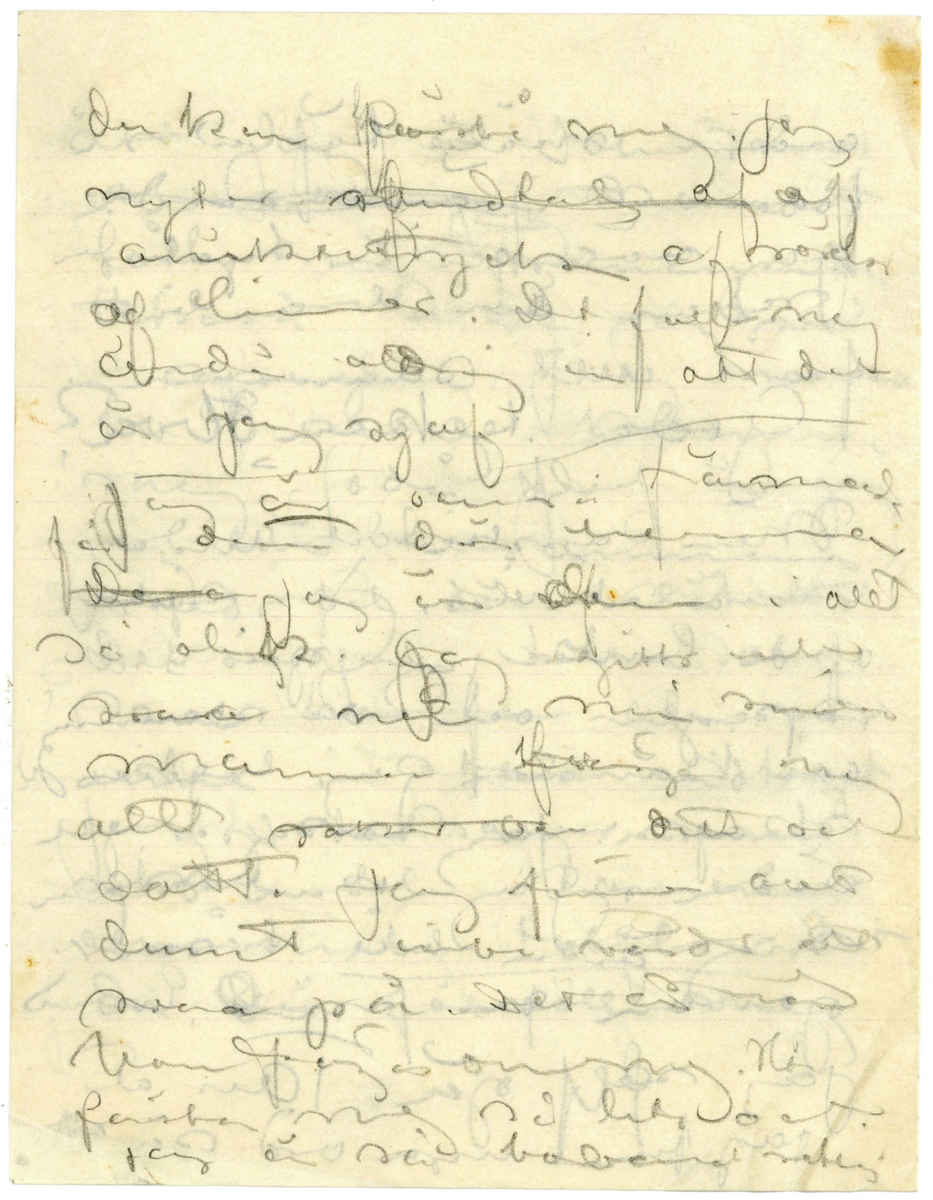 Brev utkast odaterat sannolikt från John Bauer till Ester bestående av ett löst blad och två hopvikta blad skrivet på framsidan och baksidan. Huvudsakligen handskrivet i blyerts. Tolkningen vem som skrivit och vem som är mottagare kommer från handskriften, innehållet och att Ester omnämns i brevet. Brevet är ej komplett 

.
BREVAVSKRIFT
.
[Sida 1]
De laga min måt och kakor med
kaffe och vänner hvarje kväll
mina sängkläder framfor [överstruket: spis]
elden att inte min finlemta
kropp må kylas. Heder och tack åt dem
[streck]
Snö och skog. Jagt [överstruket: med]
klingande dref med polka och [-ullgevär]
Millånga [överstruket ord] myrar och
någa skogröar [sn—g—g] skog
och gnistrande kallt [överstruket med]
[överstruket: med strålande ---] och stjärnor
som strålar om kvällarna.
Stiliga och godmodiga män-
[---?] med [öf---] små
[b—ska] titt modersmål. Glögg
grytor i hemliga hvitmenade
och oppna spisar och golf
som hålla att smälla stöfvel-
klackar i.
Ester, du [överstruket: min tös]
du förlåter mig ju. Jag erkanner
.
[Sida 2]
att jag varit dum och elak [överstruket: Det  var min
mening att alldrik och inte alls
skrifva. Fråga mej inte. Jag 
hade inget skäl.] Men ny
har jag ju brutit med mej själf.
och jag är ångerfull och du förlåter 
mej. Jag vet knappast hur en stad [inskrivet: ser ut]
Här har jag nu lefvat skogs-
människa en tid och kan-
ske nog att fortsätta en
tid. Om kvällarna är jag
trött och såfer som ett
godt barn om morgnarna
vacknar jag vid en flamman-
de och varm brasa i min
spis. och en kaffebricka med 
Julbular. Det är gamla Kristin
och den unga Sagra (Laura)
En jättelik lägårdspiga om
40 vårar) som täfla om att 
göra mitt ljuft och däjeligt
.
[Sida 3]
Men så hjälper jag Sagra i gengeld
att foddra kritena om kvällarna. 
Sagra borde målas bland
sina kor i [--?], stor
och manhaftig är hon, [skrivet ovanför: men] och
talgdanken i lyktan med
det spräkta glaset skulle vara
hela belysningen. Får har hon
också en hel kätte full
och de är hvita och fina och
gnager mej på knogarna.
3 kvarts march på en
[överstruket smal skogsstig] genom skogen
på en liten smal väg från Sörgåds
[---?] Husberget 2 [dogar?] här
forsvunnit från jakten, lämnat
hundar och [--?] [överstruket: med] vid
dref och lämnat sedemera
[bergtagen?]
.
[Sida 4]
svärgande [överskrivet ord] jaktkamrater och
ligt af trollmakt blifvit dagen
upp till Husberget. I dag har
jag inte jagat. Jag dillat
kring husberget och alltid
blifvit besviken när du inte 
mött mej. Det var Ju i
Husberget vi skulle bo 
du och jag. den gången vi 
rymde och min bror
med jaktkamrater äfven
[ra-kade] oss
Husbärget står öde och
tomt [understruket: nu] Det är en liten
liten [inskrivet: på] stuga knappast
torp. [inskrivet mellan raderna: Den är förfallen men den ligger vackert] der den ligger på
ett berg som stupar så
godt som lorätt ner i
en mosse och så skog
[skrivet på tvären i vänster marginal: G—a åldedåm]
.
[Sida 5]
skog skog skog rundt omkring.
och man ser miltals ut ofver
skogarna
[följande två rader är inringade] I dag hade jag redan köpt
den stugan, drömde jag. [inskrivet ovanför: den var så lull så]
och älgar [överstruket ord] klafsar framme
vid [överskrivet: stg] stuguknuten.
Den är inte dyr. [inskrivet: min stuga] Rummet
[överstruket ska jag mast] fick jag lof att tapetsera om
och måla, Taket sluttar vid
båda långväggarna [inskrivet: så] [överstruket: det är]
[understruket: vackert.] [inskrivet: bilden] På golfvet [överskrivet: lägger] hade jag
jag grön filt, det verkar
varmt. Dalaklockan låter
jag vara omolad [överskrivet: d] men skåk
och snekraffbyran och bordet
och stolarna malar jag.
Spisen hvitmenar jag.
Visthusboden å sommarbygt
med stigen den tätar jag
och [inskrivet: väggarna [--] och ] hänger fällar på [överstruket väggar-na] dem sedan
[na från väggar-na på förra raden] och rifver halfva taket
.
[Sida 6]
och [så- -] [f – r] i stället. Då ska
jag stå och måla och du ska
sitta inne i stugan och
sy på små plagg [inskrivet ovanför: och det skall var vinter] Jo visst skulle
jag måla. Måla goda taflor
och göra vackra teckningar
och allt skulle jag sälja
och [överstruket: f- --  dem-] och [de?] pängarna
skulle jag sätta på banken
tills det blef så mycket att
jag kunde bycka ett
större hus med manga
rum i och med artelje
allting. och när det 
mörknar sitter jag vid
spisen och läser och du liger
på ett pår fällar och [stirrar?]
i glöden och längtar till
människor. [överstruket: till Stockholm] och
kanske till strändvägen, men
.
[Sida 7]
[överstruket och svårt att tyda: å/ä/ ögf? å/ä/öf?]  för helvetet. Impon-
erande mäktiga skadespel
där jag roar mej med att
[överstruket: upp] uppräkna mina syn-
der så långt jag hinner
och [överstruket: d--ke] och höra mina
domar. död och helvete.
Jag gör [överstruket: främmande karak
tärer] Eice, Göran?, [överstruket: Agst?-]
Jag gör dem själf aldeles
ensam[överstruket: framför min
 sj - - ga] Eice är tacksam
men reultatet blir
att att jag inte tror
mej själf. Finner
det högst egendomligt
.
[Sida 8]
att jag är John Bauer
[överstruket: och att jag] namnet
låter mej främmande
likaså bilden jag ser
i speglen. Jag maste
ta i mej krama 
mej. Jodå. Det [understruket: är] jag
Jag hör tillsammans
med, det där belätet.
Det är jag John Bauer
som har far och mor 
inne i stan vid torget
Jag John Bauer som
skall bli konstner
och måla taflor vet
du. Då föreföll mej
.
[Sida 9]
orden måla täfla så
förbannat frammande.
Jag var och är tydligen
redan en bra bit
från allt samman.
Goda tecken Hva?
Men kanske det anda
[---?] [---?] [---?]. Jag njuter
af de linier jag ser i
speglen och den stämning
och känslor jag lyckas
skapa. Jag skapar ju
ända. Jag kan [---?]
mej ända till tårar
genom den med hvad 
jag sjelf gör. Tan at
jag finner inga ord så att
.
[Sida 10]
du kan förstå mej. Jag
nyter stundtals af af
[snickartryck?] af [rö--]
och limmet. Det faller mej
ändå aldrig in att det
är jag sjaf.
[streck]
Jag [understruket: är] också främmande
för dem där hemma
[överstruket: De ar] Jag är dem i allt
så olik. Jag gittr inte
svara när min kära
mamma frågar mej
allt [överstruket: saker och] ditt och
datt. Jag finner allt
dumt inte värdt att
svara på. Det är när
hon frågar om mej. Ni
förstå mej så lite och
jag är så [bob--] retlig











