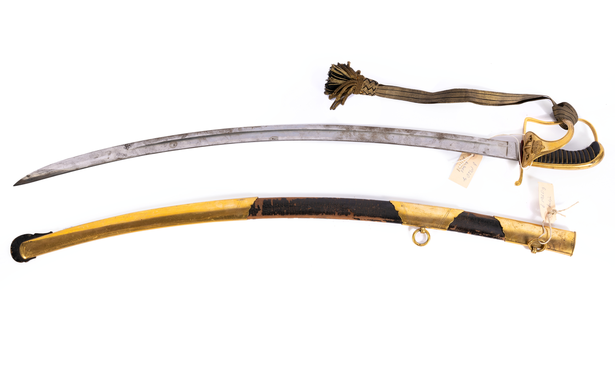 Sabel M/1808. Starkt bakåtböjd, eneggad, bred blodränna, fäste med förgylld parerplåt med krönt ankare och tre kronor. Porte-épée av guld med tofs av smal gul och svart silkestråd samt medeltjocka buljoner av guld. Balja av svart läder med 3 släta, förgyllda beslag. Doppsko av järn.
