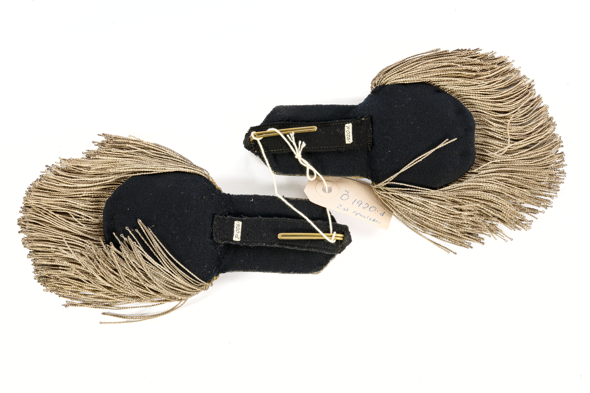 Epåletter, ett par, av guldgalon med smal träns av guld samt buljoner av smal  silvertråd. Förgylld knapp, flat, med ankare och tre kronor, fodrade med svart kläde.
Tillhör sjöofficersuniform 1808.