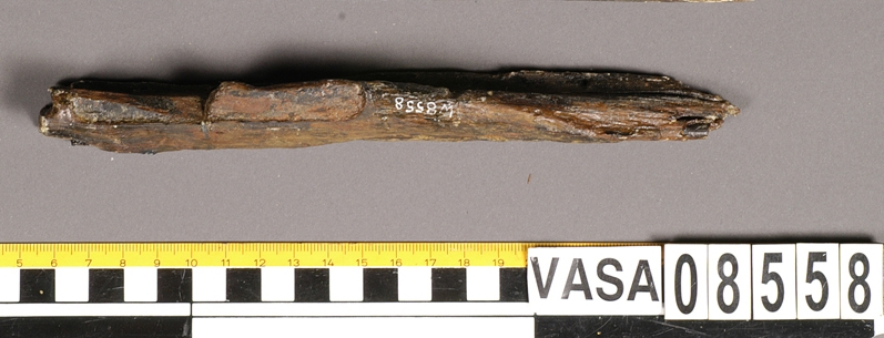 Bit av bösspipa med kvarsittande laddstake. Bruten och splittrad.