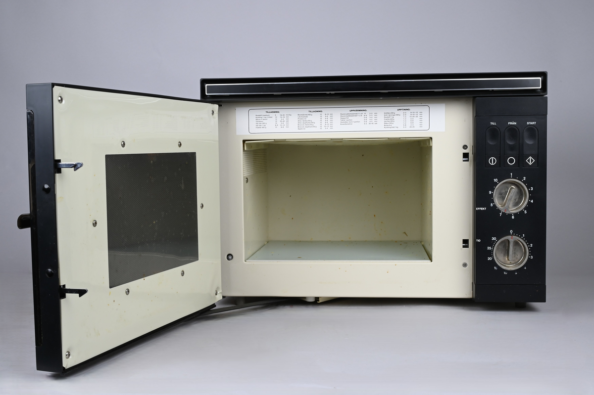 Mikrovågsugn med brun front av märket Elektro Helios. Infällda vred i blank metall för tid och effekt. Infällda tryckknappar för start, samt on & off.