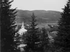 Vy över skogsbygd med kyrka, samt höga granar i förgrunden.