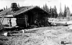 Man och två kvinnor, samt ett barn framför timrad stuga i skogsbygd.
Fotografens ant: Uddeholms AB. Stuga i skogen.