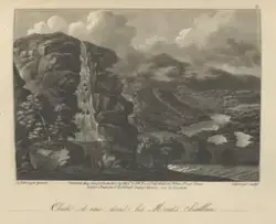 Fjellandskap med foss [Grafikk]